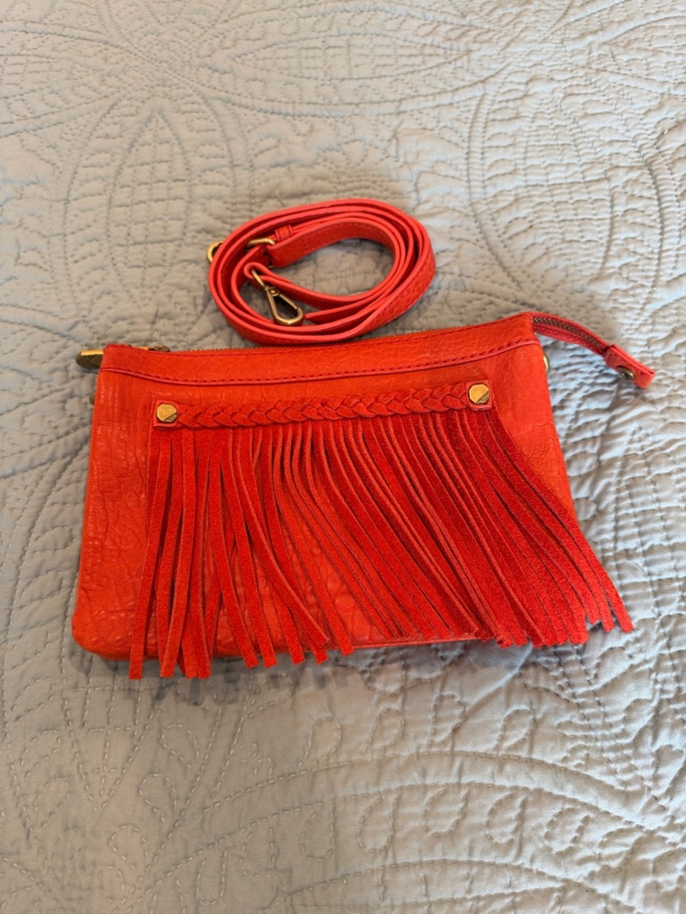 Ella Moss Red/Blood Orange Soft Leather Fringe Crossbody with Braided Accent
